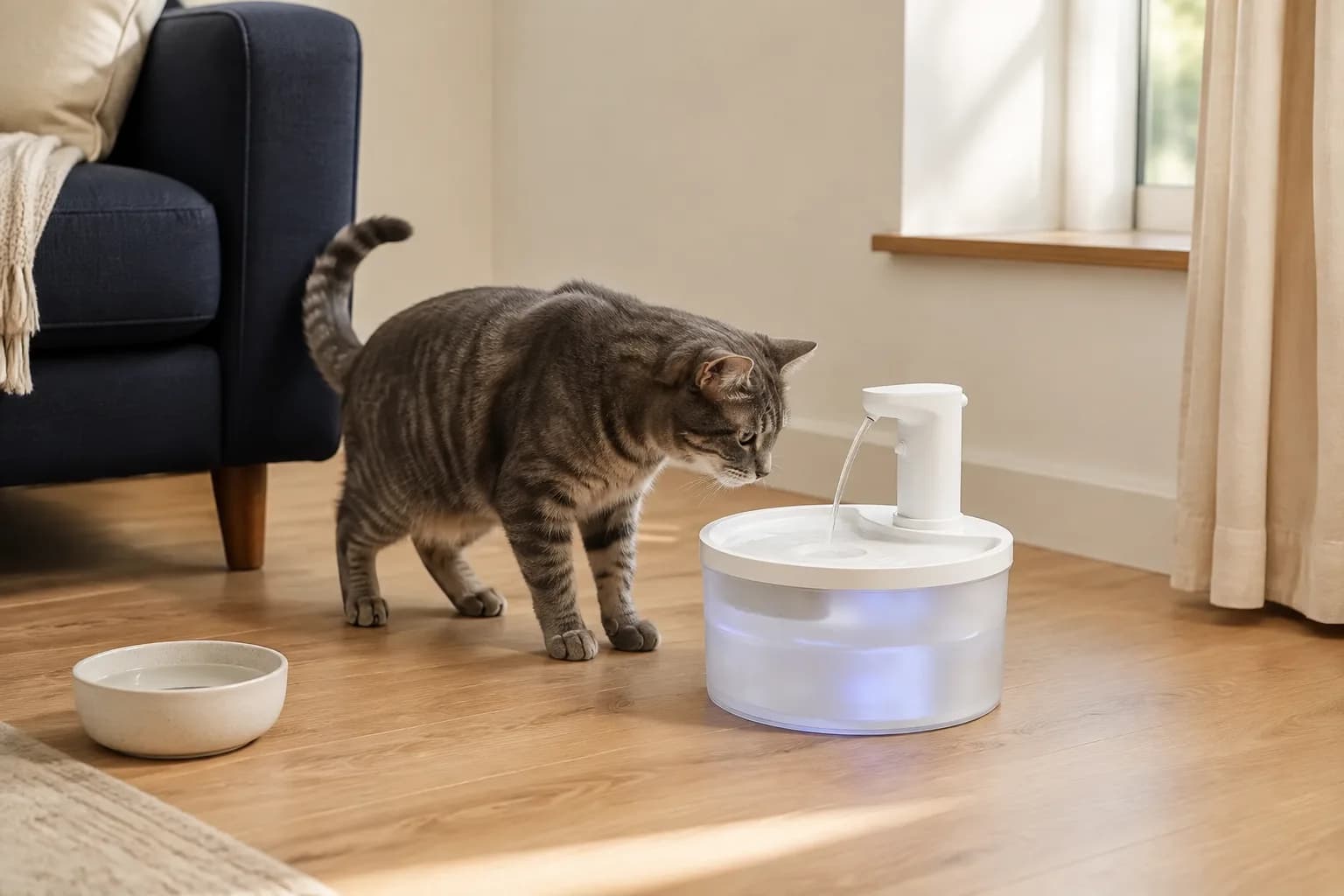 Illustrated tabby inspecting a white cordless cat water fountain with a separate water bowl nearby