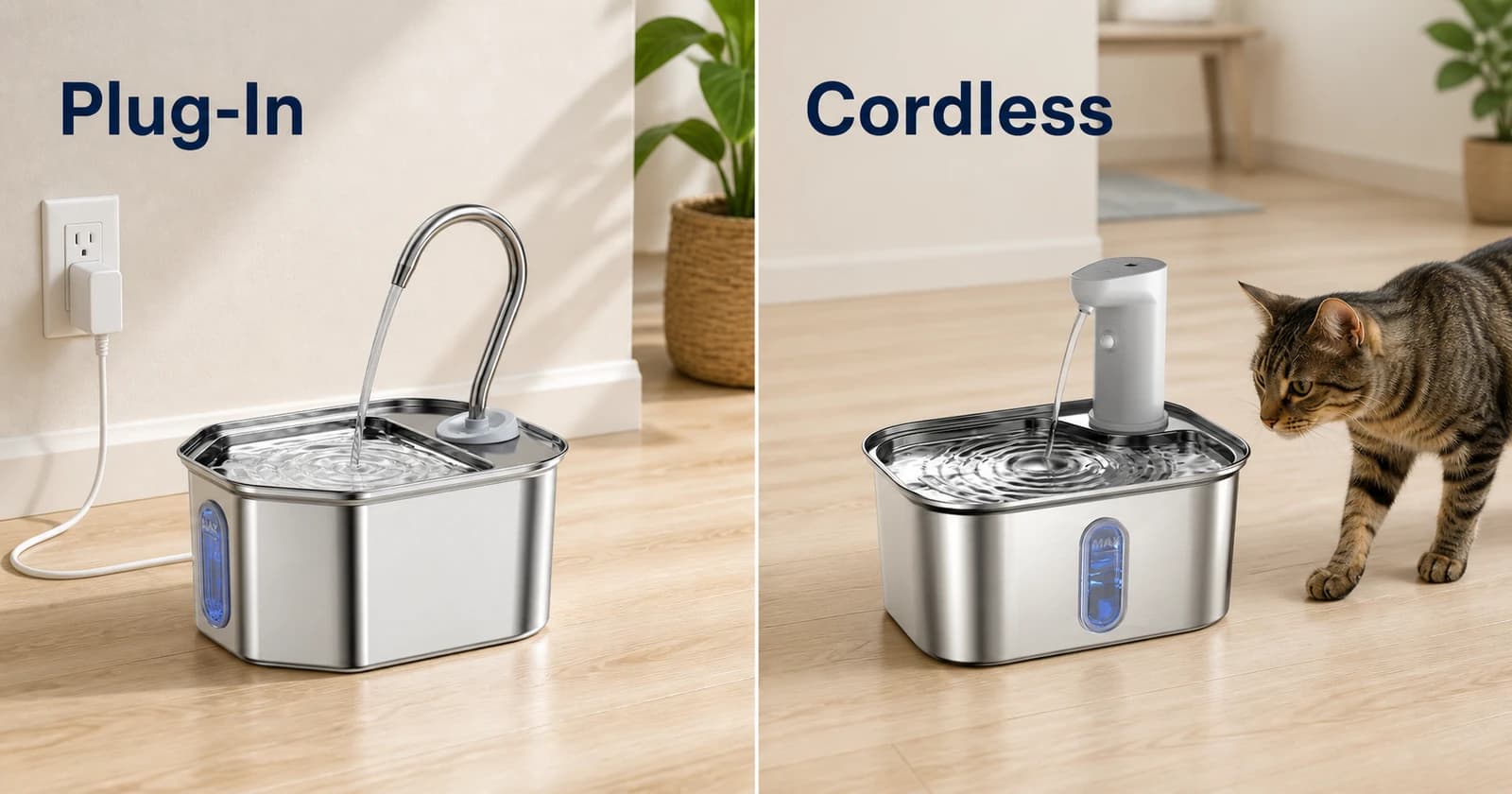 Illustrated plug-in and cordless water stations, with a power cable on the left and a cat on the right
