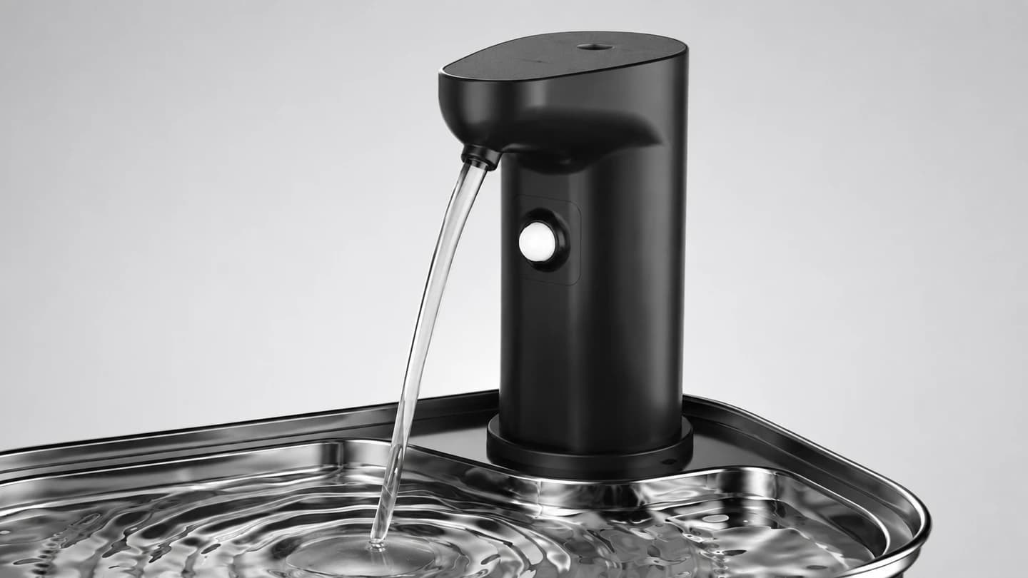 Illustrated close-up of the black outlet and control assembly attached to a Fountelio steel drinking tray