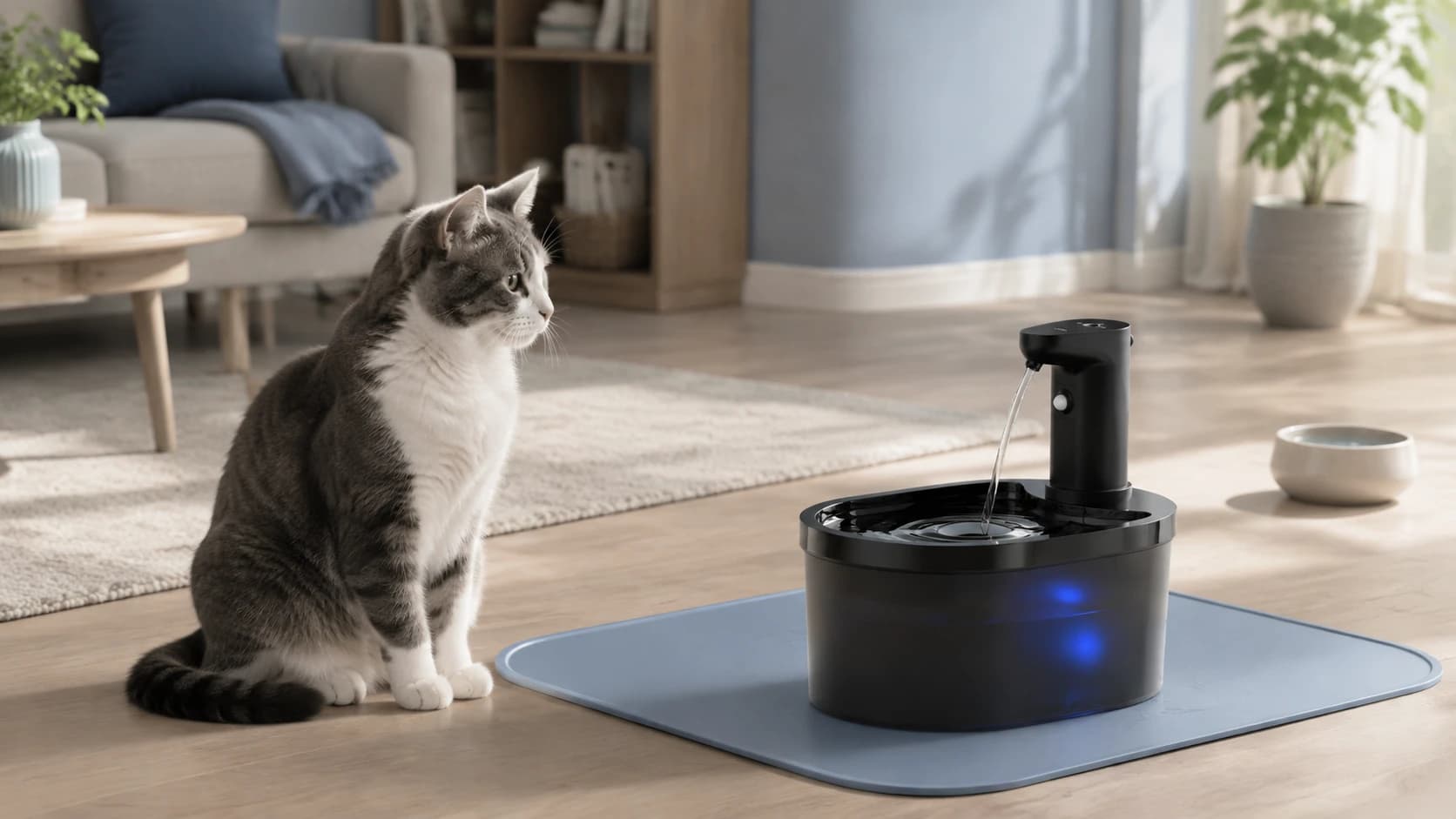 Illustrated home scene with a cat looking toward a black oval Fountelio fountain and a separate water bowl