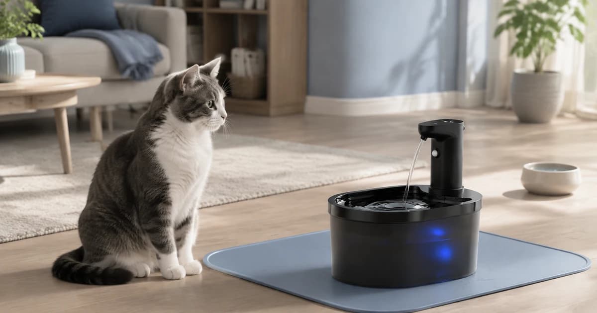 Illustrated cat beside a black oval fountain, with another water bowl available