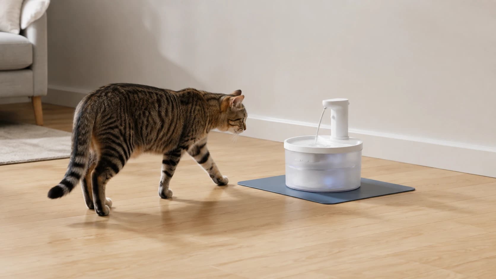 Illustrated indoor water station with a cat approaching a round Fountelio fountain on a flat mat