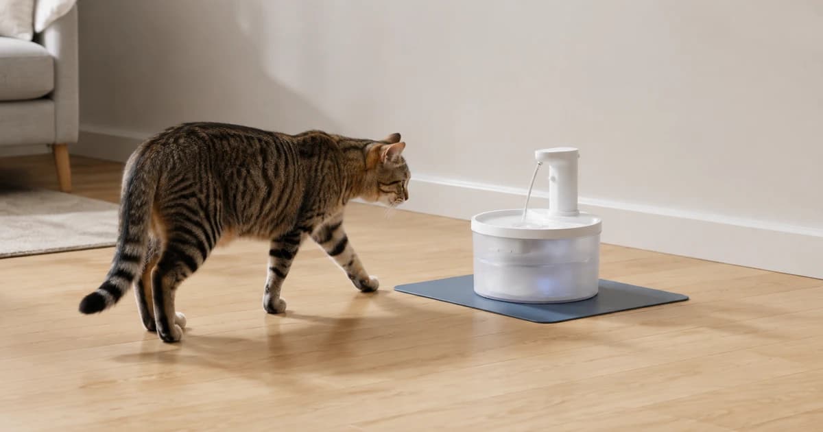 Illustrated home water station with a cat approaching a round Fountelio fountain