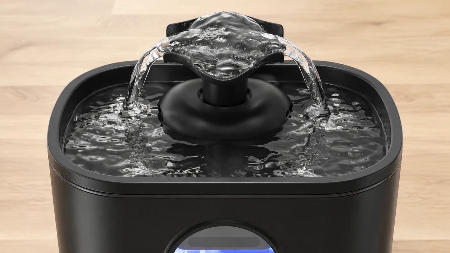 Illustration of water falling from a black Fountelio fountain outlet onto its drinking tray