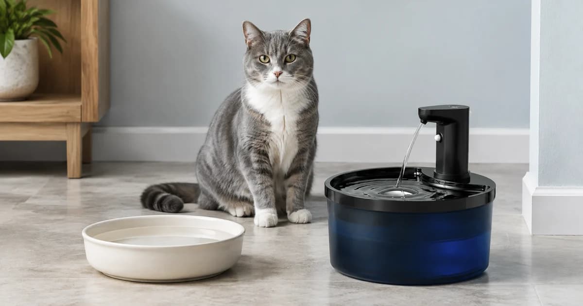 Cat between a water bowl and a dark round fountain in a neutral editorial scene