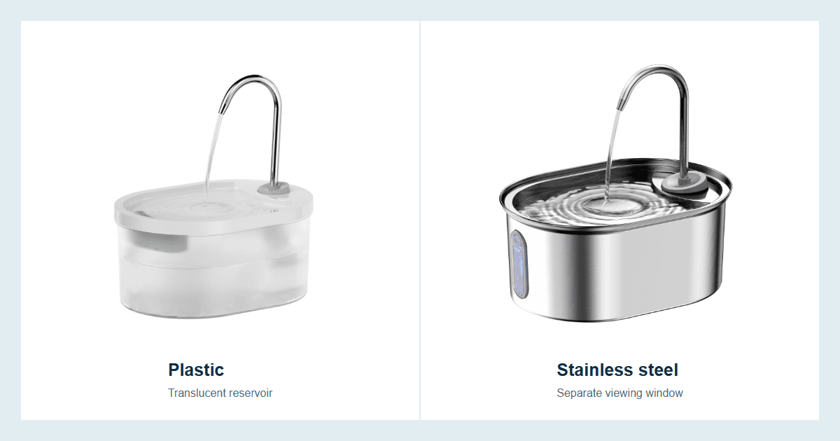 Fountelio oval plastic and stainless steel fountains showing translucent reservoir and separate viewing window designs