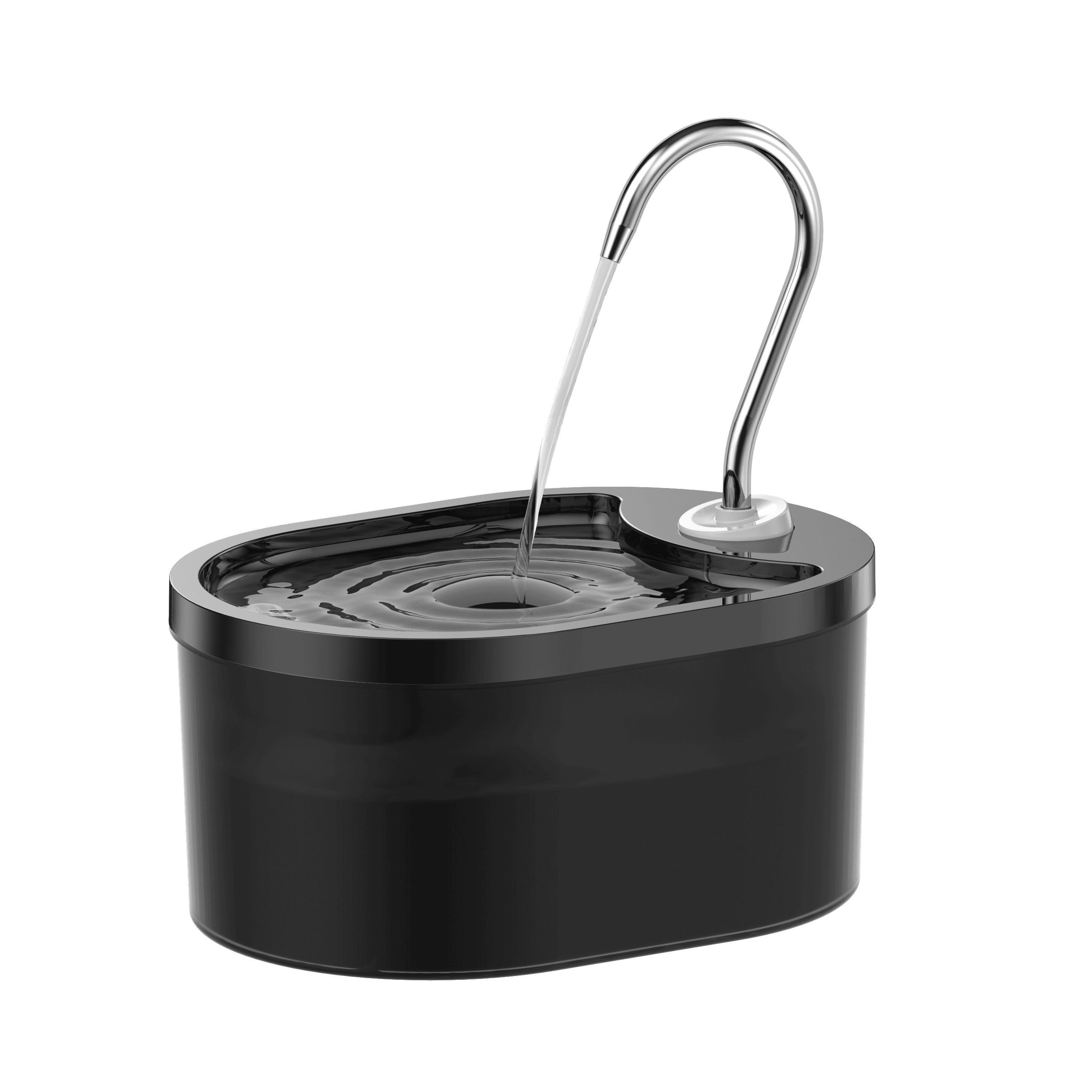 Black oval plastic fountain with a curved metal-colored outlet