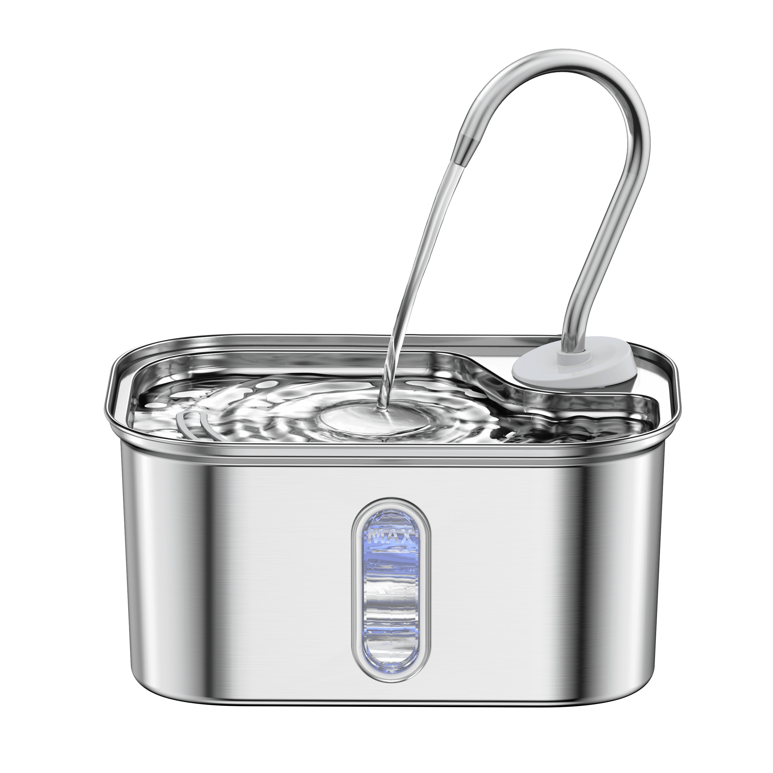 Front detail of a rectangular stainless steel fountain showing the separate PC window and MAX marking
