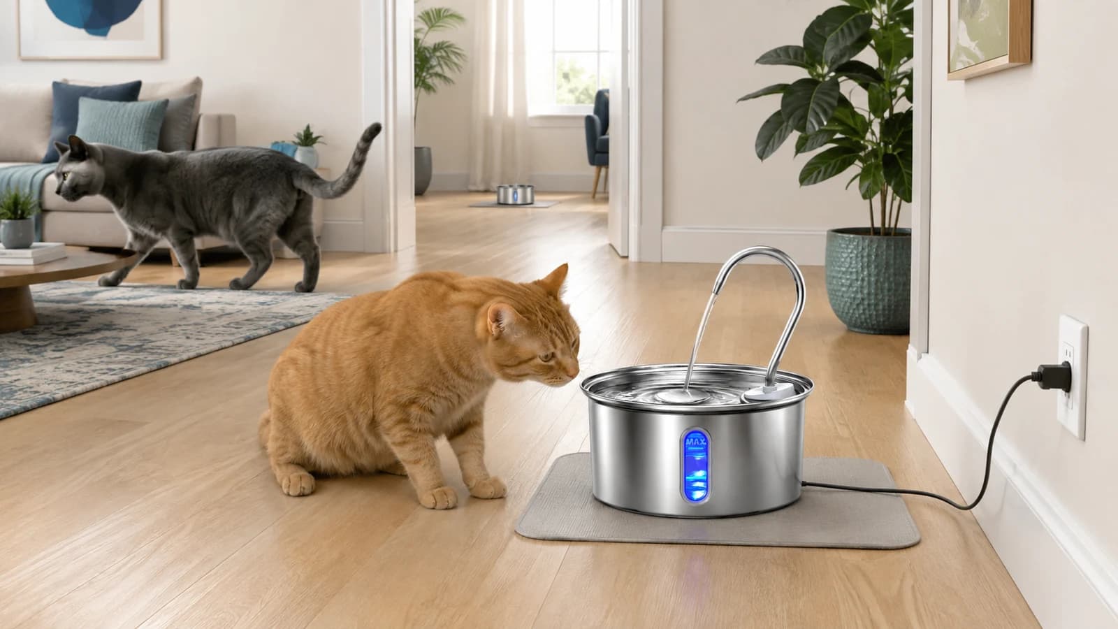Illustrated home with two cats, a round Fountelio fountain and another water station in a separate room