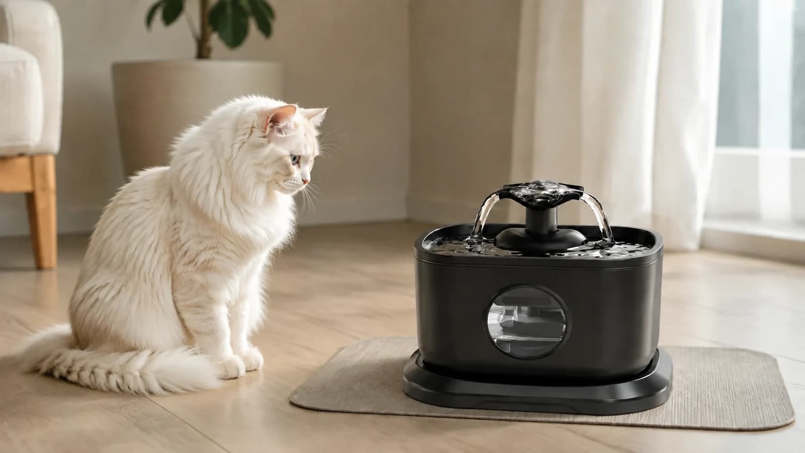 Illustrated white and golden long-haired cat observing the streams of a black Fountelio fountain