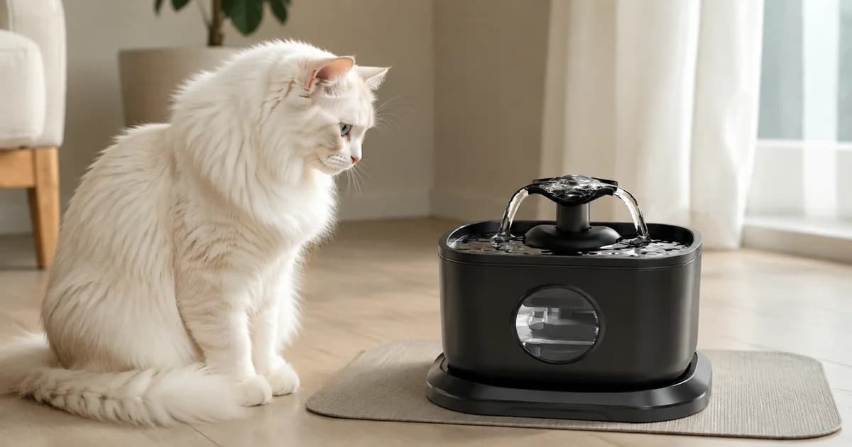 Illustrated long-haired cat observing a black Fountelio fountain