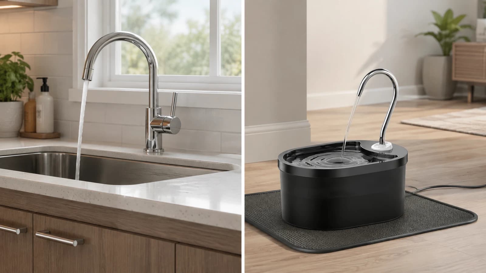 Illustrated comparison of a running kitchen tap at countertop height and a black Fountelio fountain at floor level