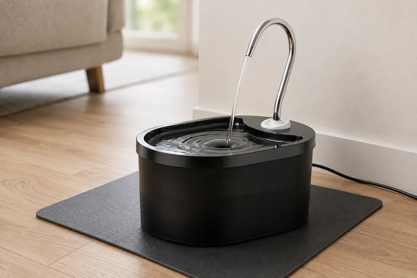 Illustrated black oval Fountelio fountain on a home floor, with a visible stream landing in the tray