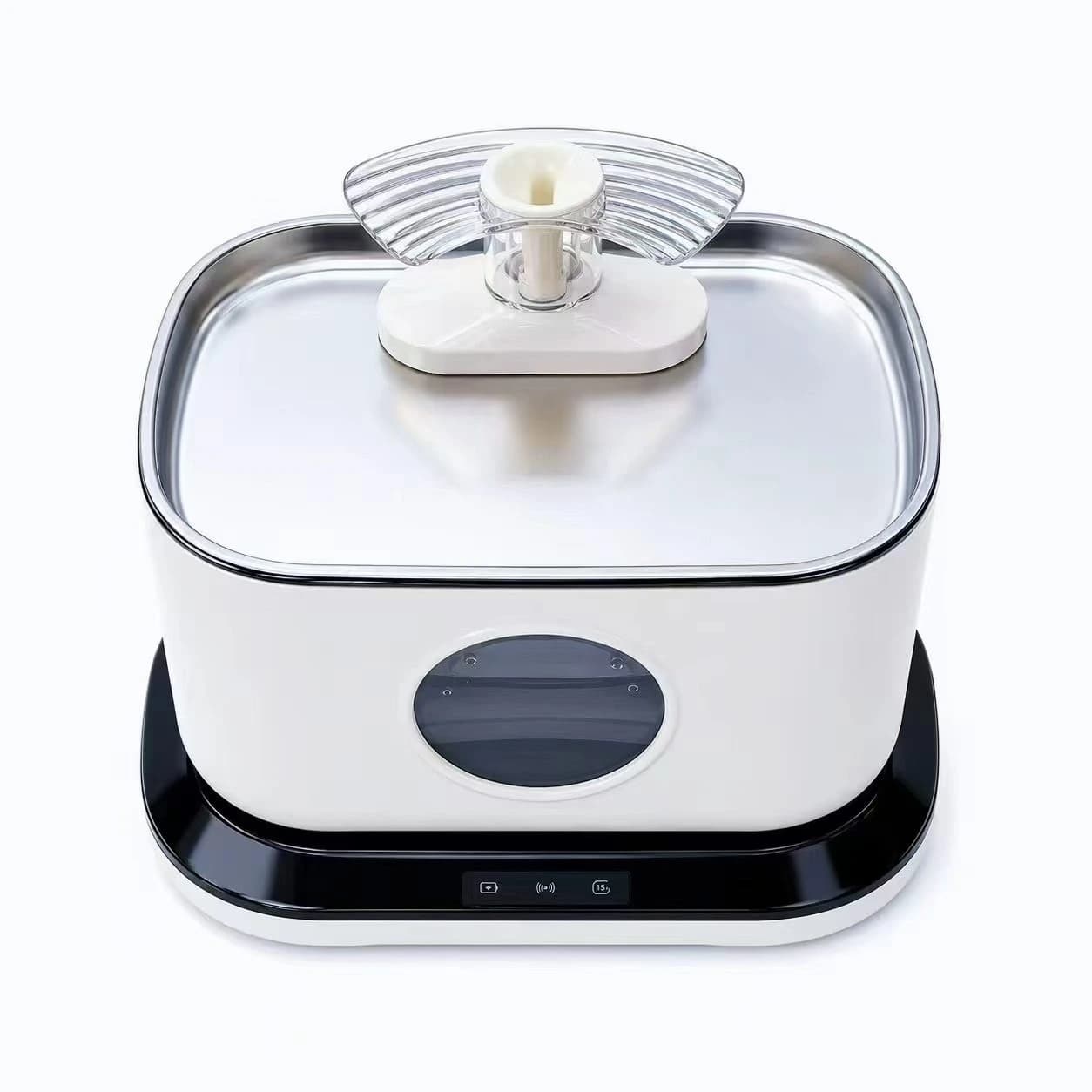 Fountelio CWF-W1 white fountain on a black control base, with a stainless steel tray and transparent outlet