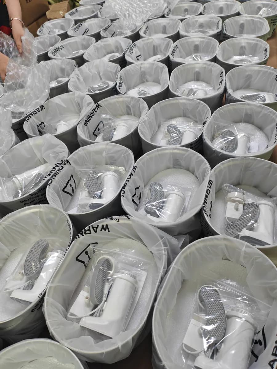 Different fountain shapes protected with bags and accessories before boxing