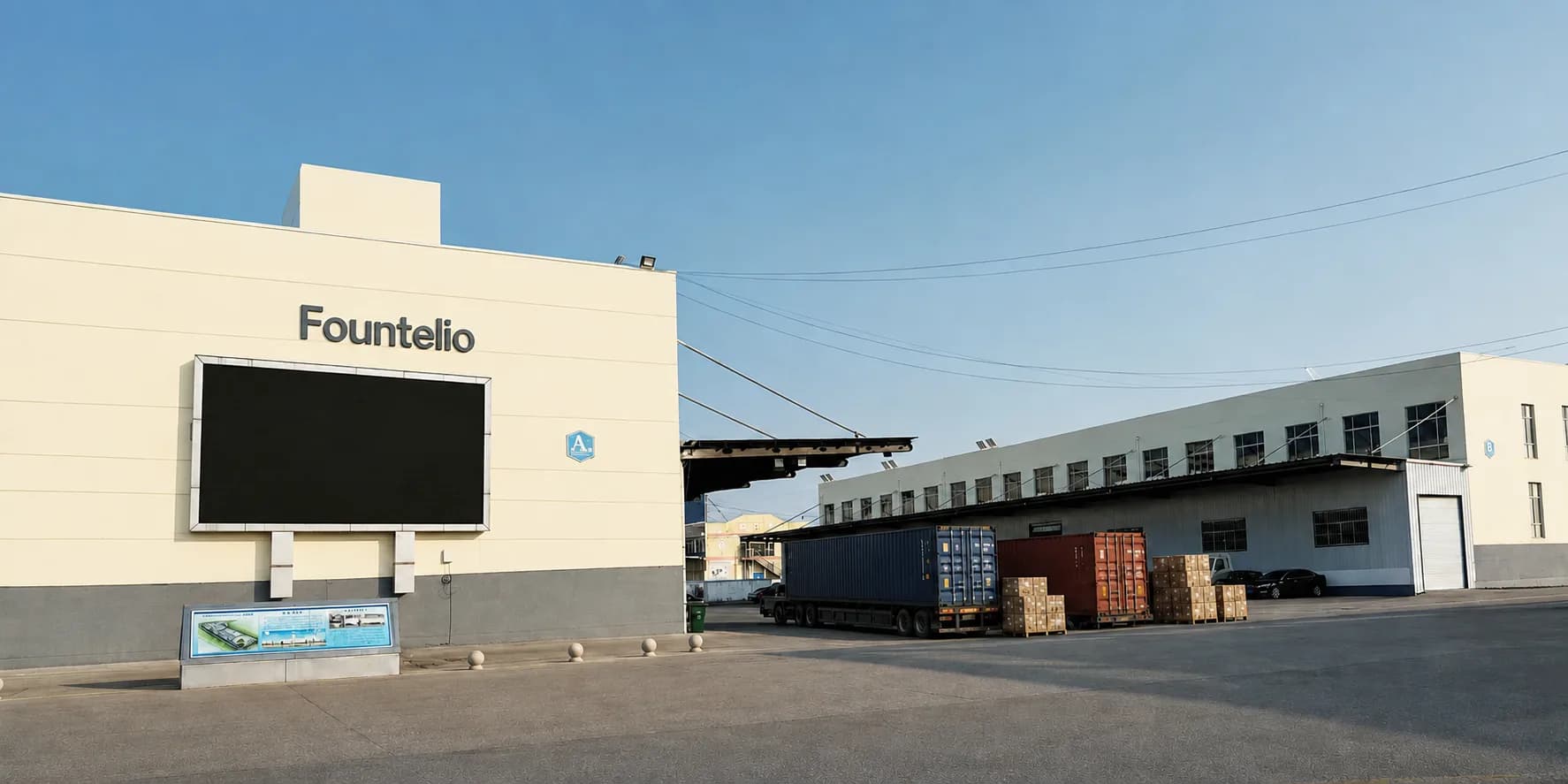 Fountelio factory exterior with loading containers and palletized cartons