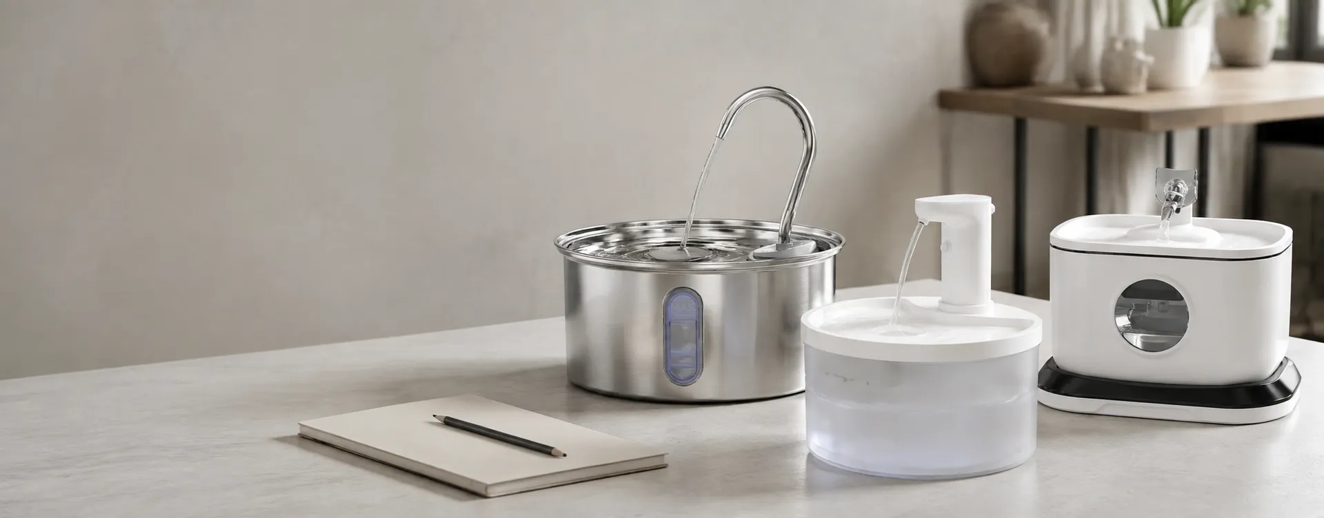 Editorial scene of stainless steel, cordless plastic and wireless-pump cat water fountains on a product-review table