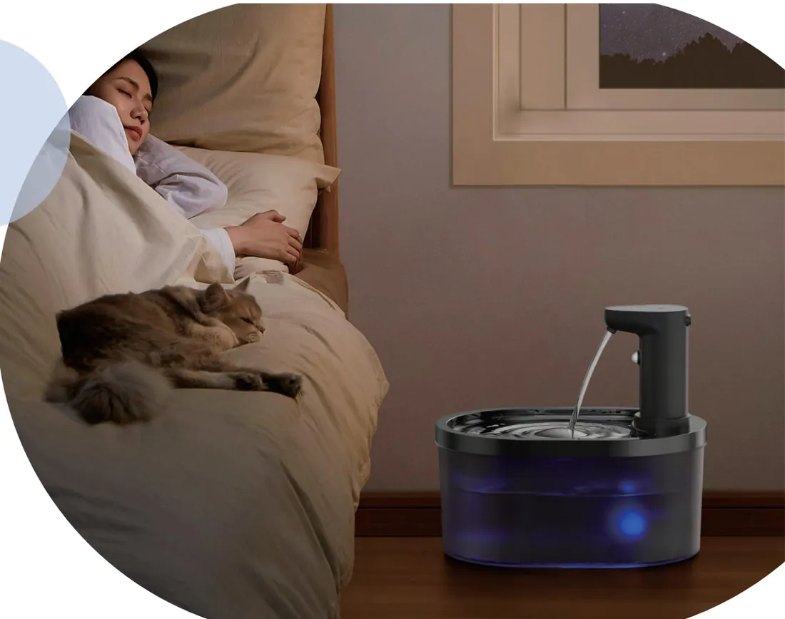 Black oval cordless plastic fountain positioned in a bedroom