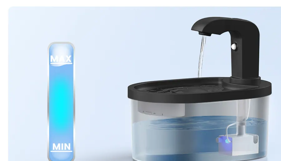 Blue indicator showing a normal water level on a cordless plastic fountain