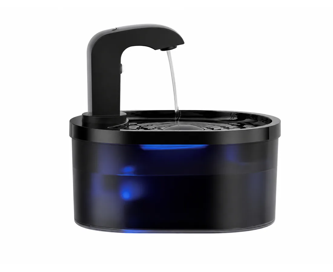 Black oval cordless plastic cat water fountain with Outlet Style B on a white background