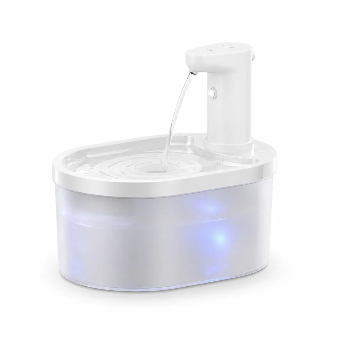 White oval Fountelio fountain with a raised outlet and drinking tray