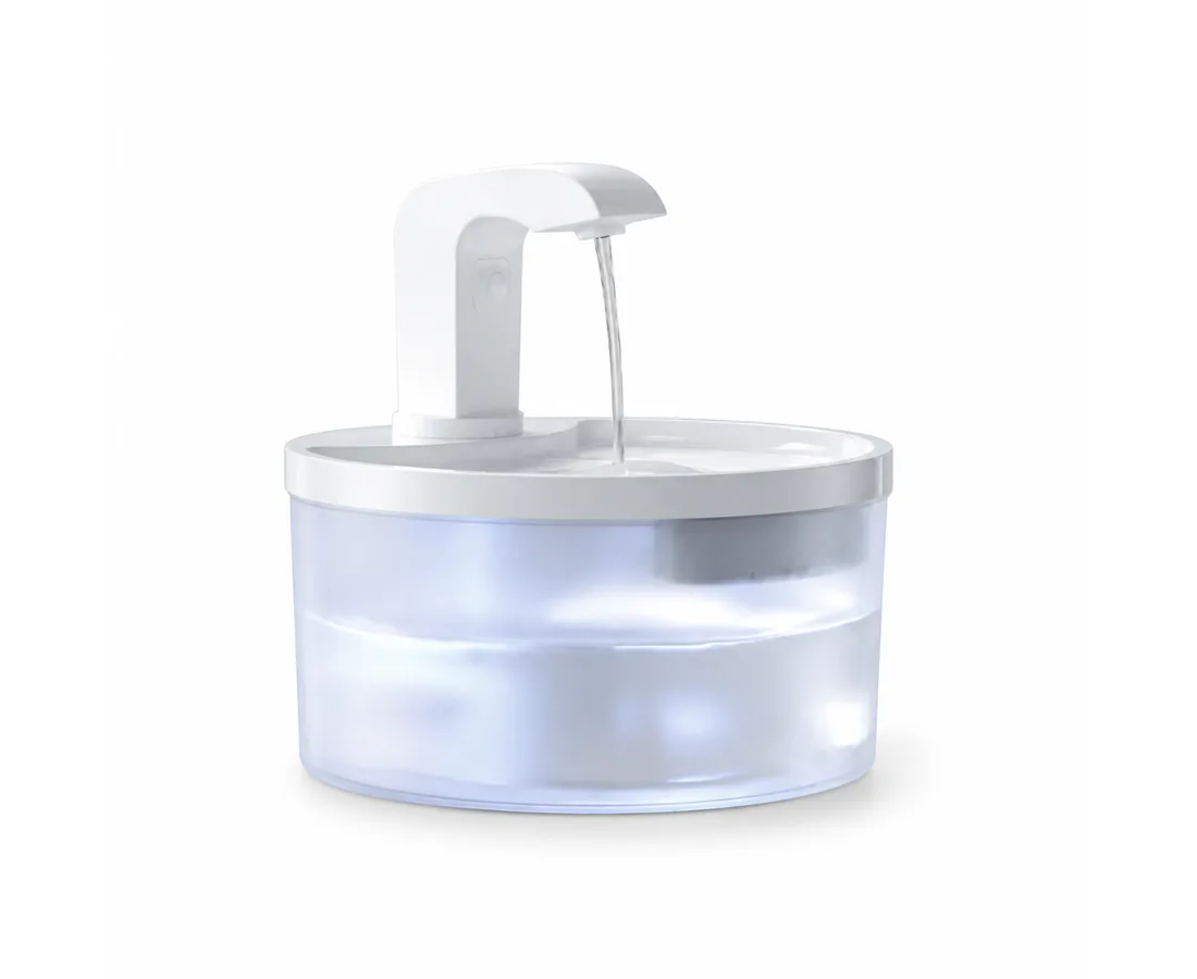 White round cordless plastic cat water fountain with Outlet Style B on a white background
