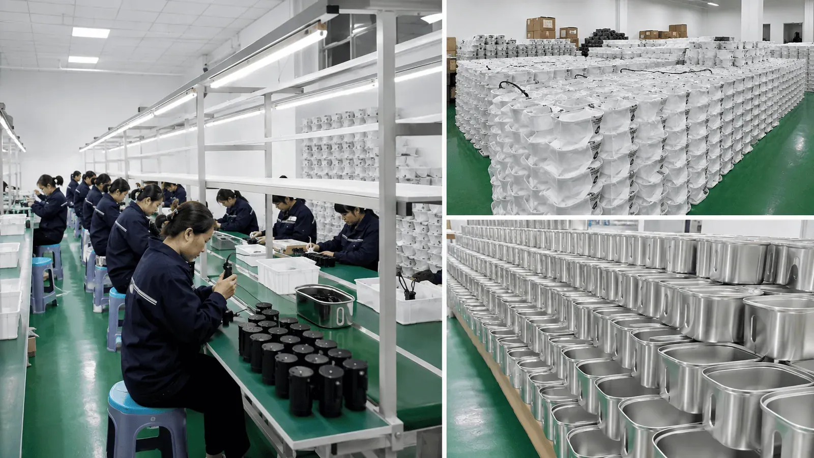 Fountelio workshop assembly line with plastic and stainless steel fountain housings