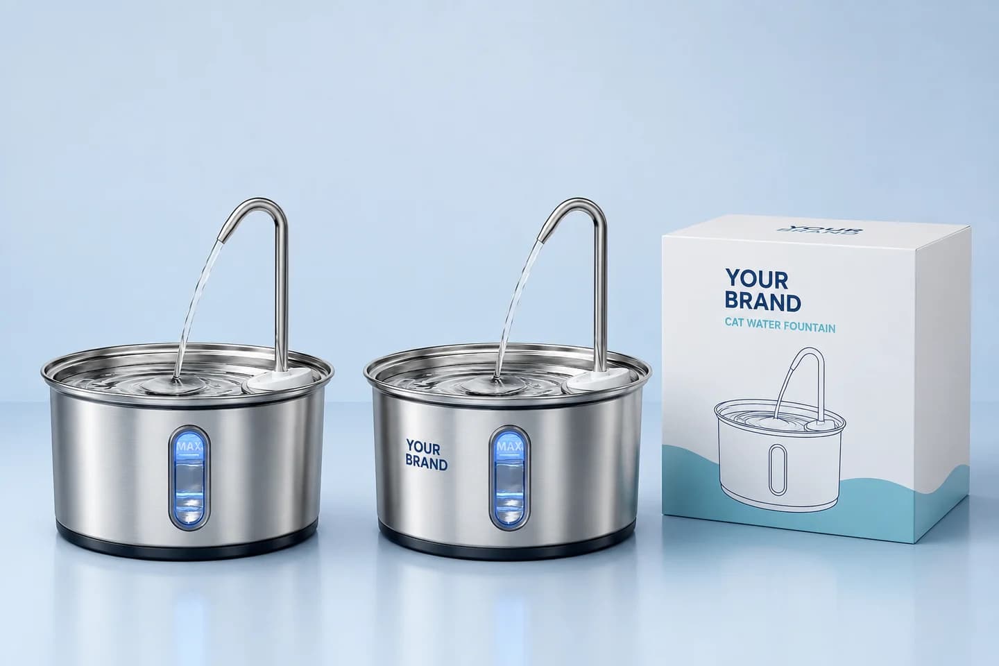 Branding illustration: standard stainless steel fountain, YOUR BRAND logo application and matching retail carton