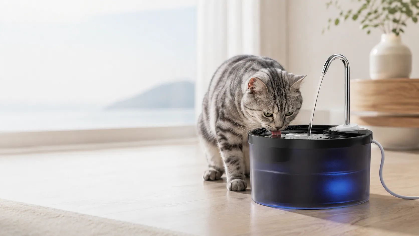 Cat drinking from a plastic pet water fountain in a home setting