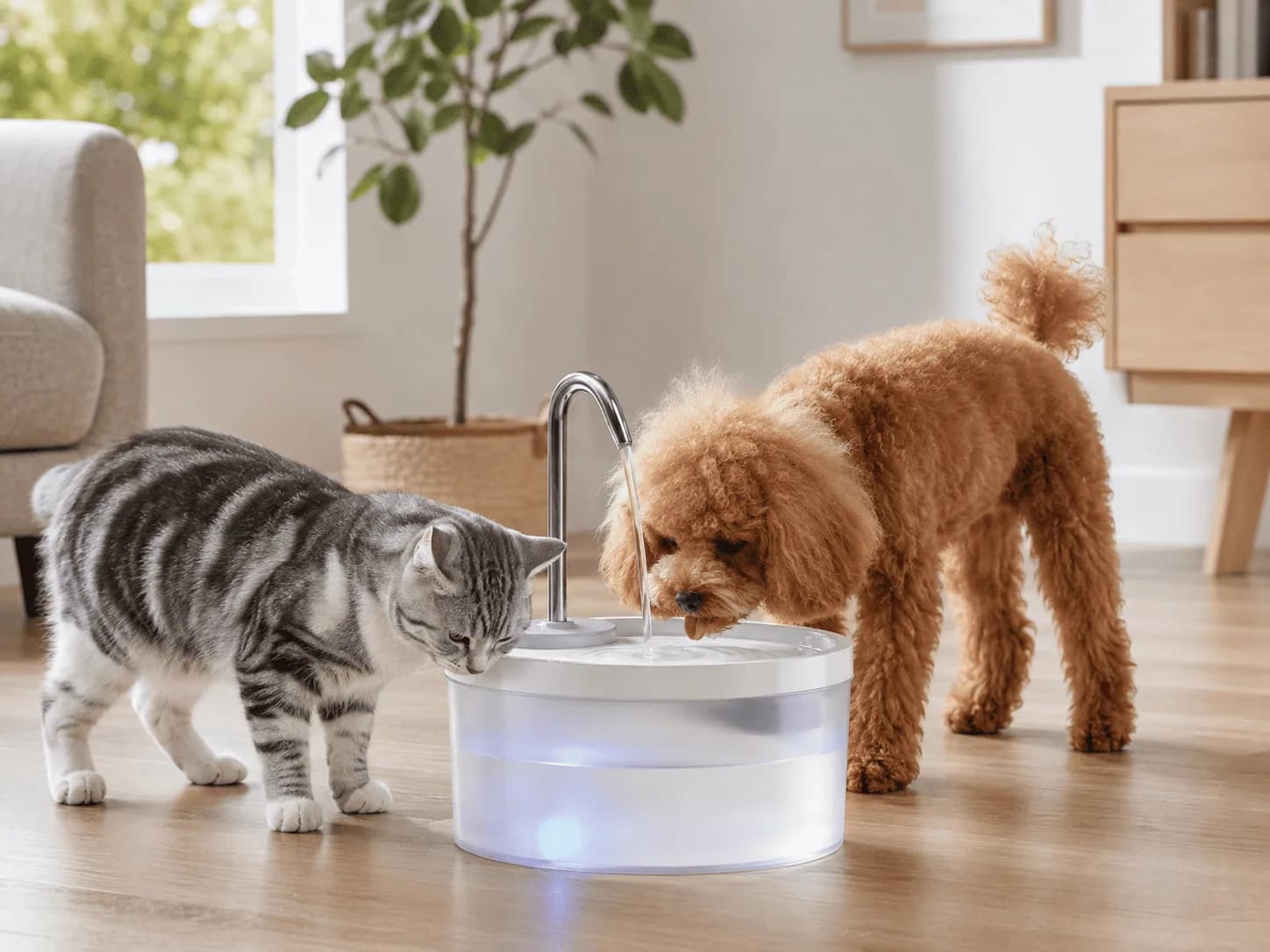 Cat and dog drinking from a white round plastic pet water fountain