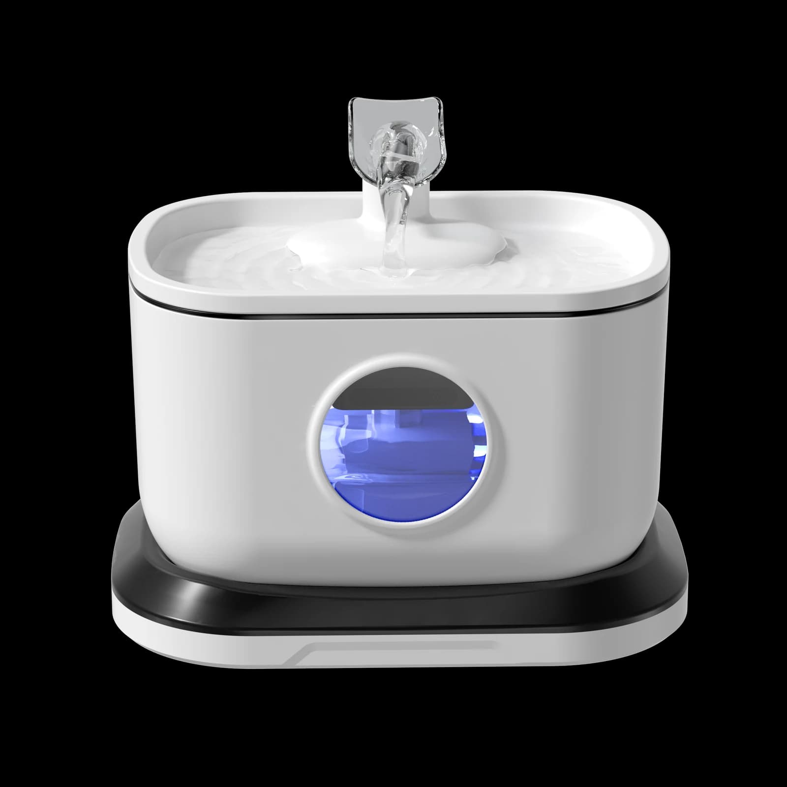 White CWF-W1 wireless pump cat water fountain with a clear spout and round viewing window