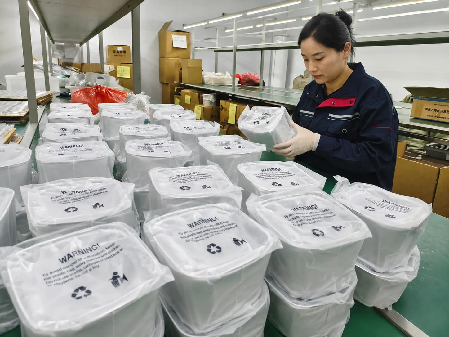Worker in navy workwear handling a bagged cat water fountain at a production workbench
