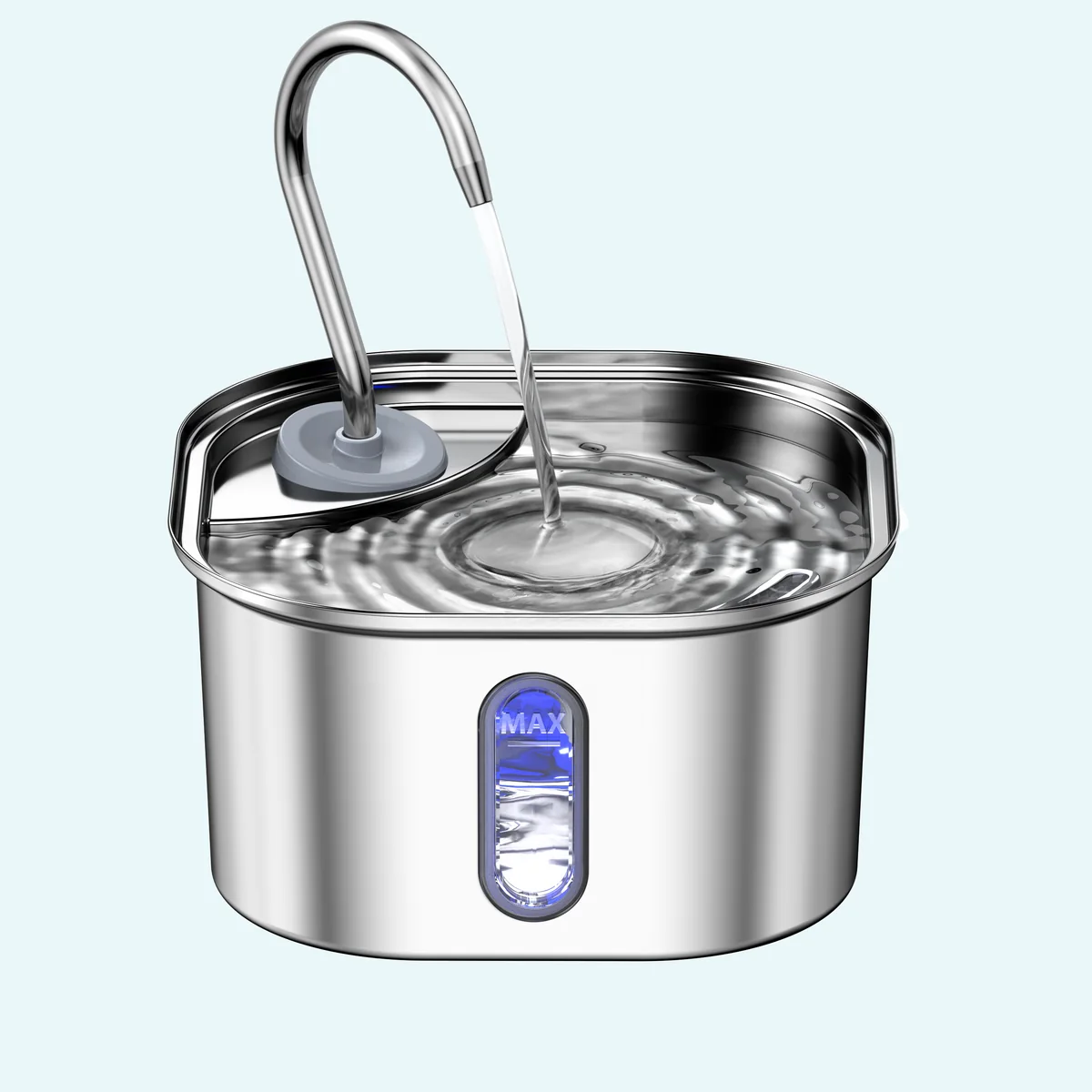 Square stainless steel cat water fountain showing the front PC water-level window