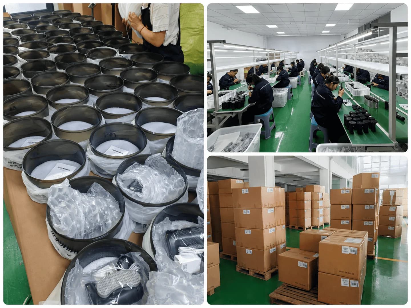 Fountelio fountain housings, assembly workstations and packed cartons in the workshop