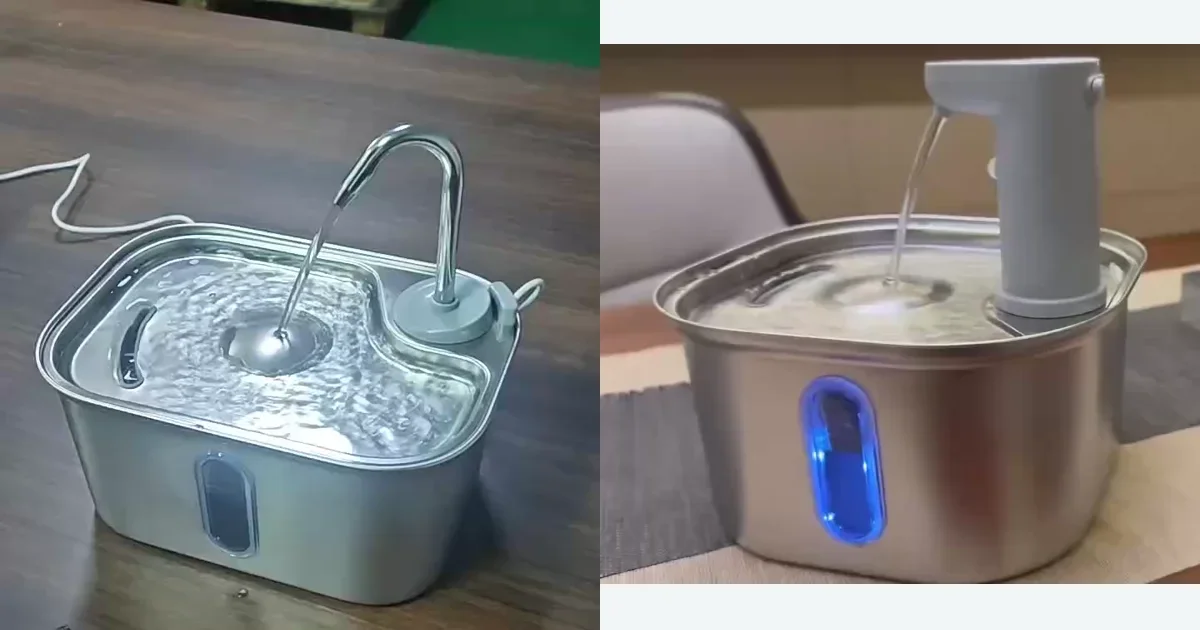 Zwei Fountelio-Edelstahlbrunnen mit unterschiedlichen Ausläufen im Betrieb auf einer Arbeitsfläche