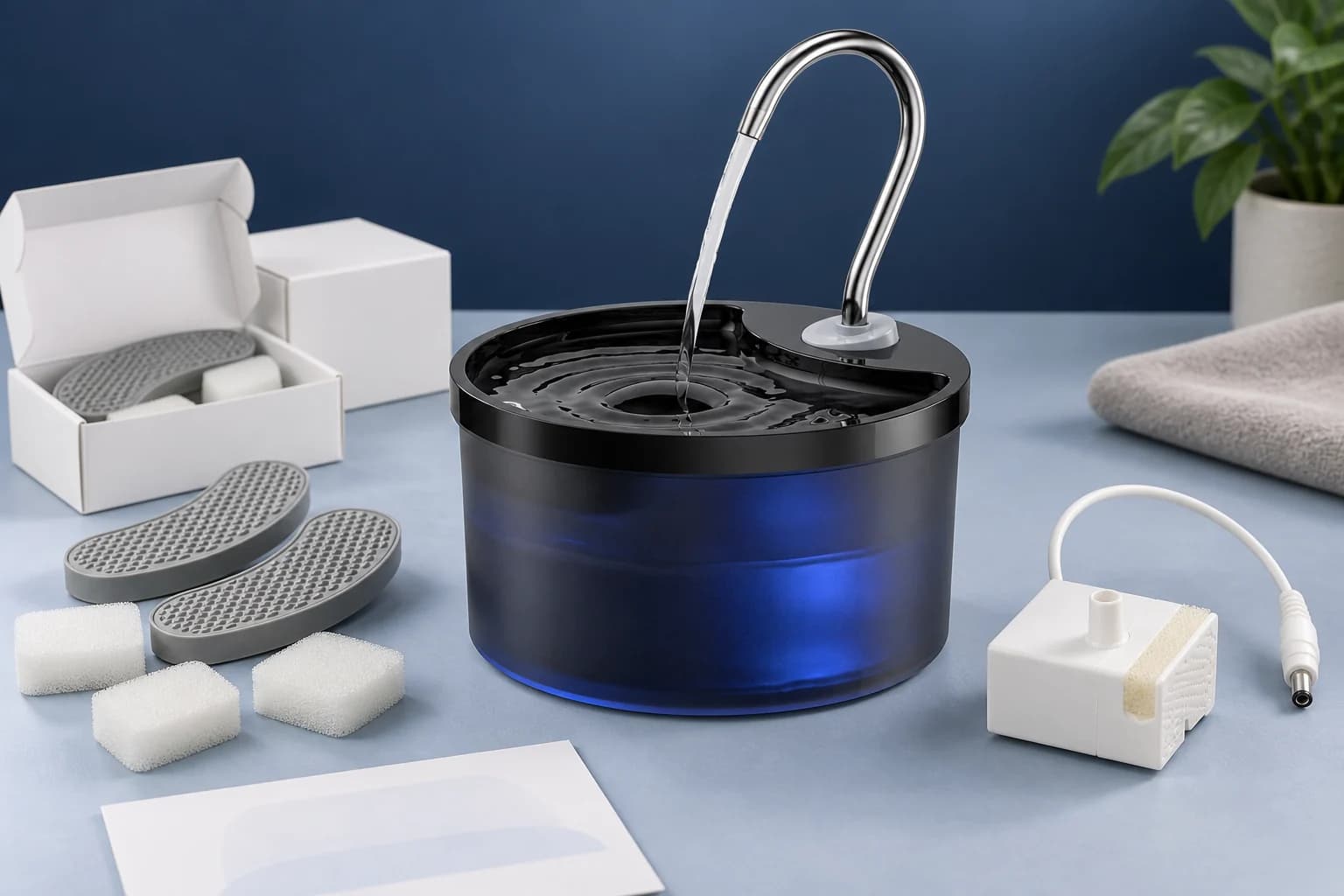 Cat water fountain with replacement filters, pump and accessories prepared for an after-sales product program