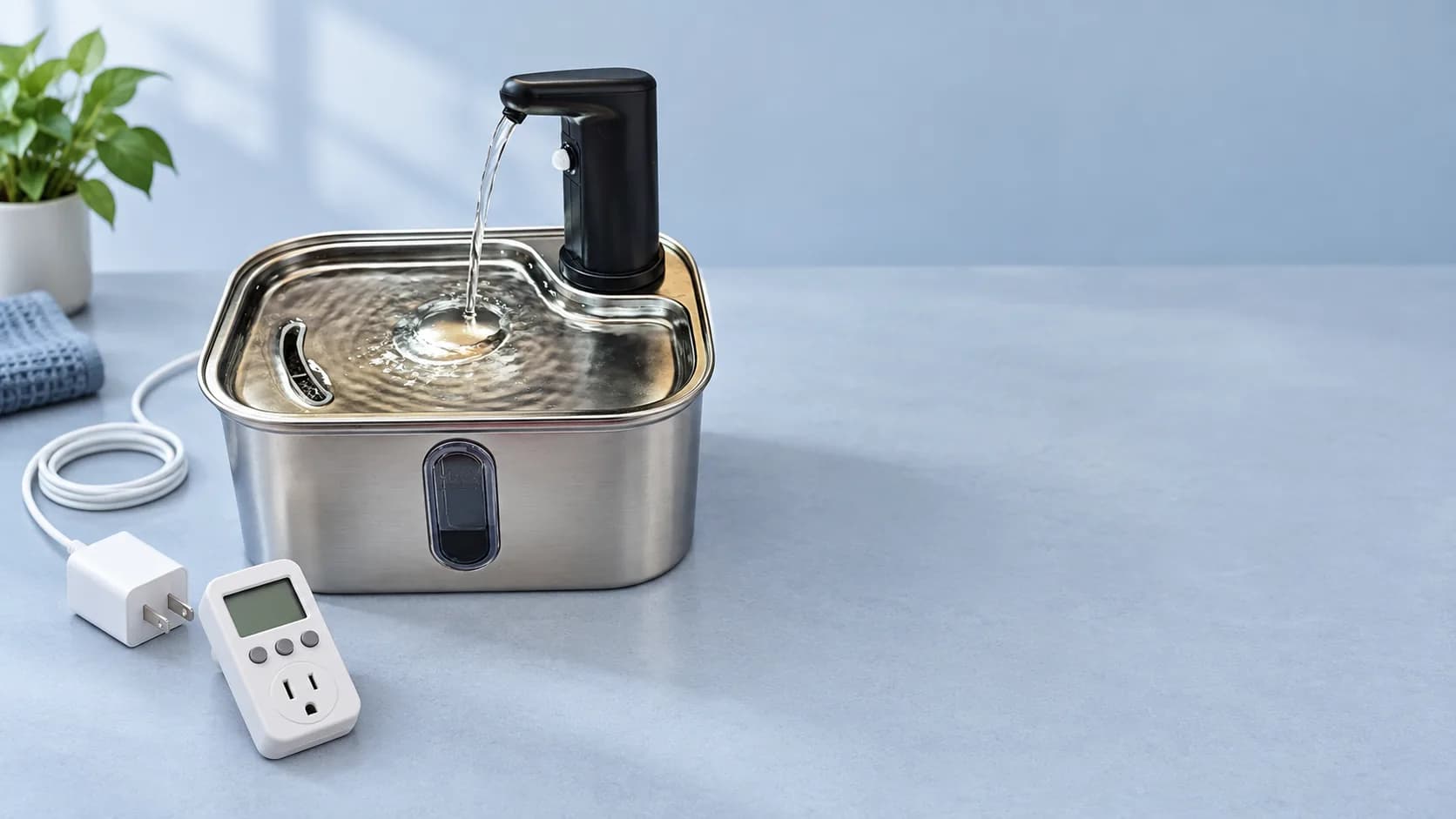 Cat water fountain with low-wattage pump, power adapter and electricity cost card