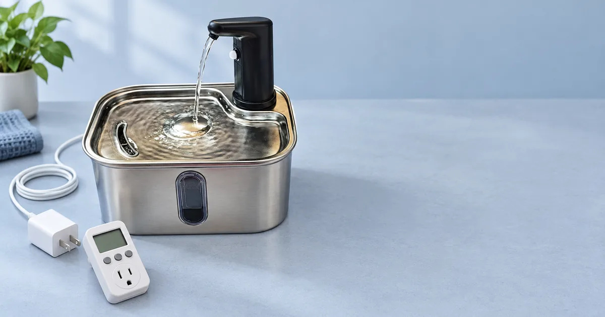 Cat water fountain with power adapter and electricity meter used to explain electricity consumption