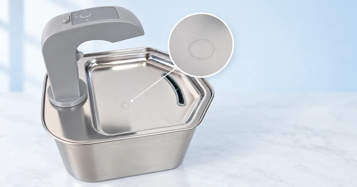 Stainless steel cat water fountain with a close-up of a faint white mineral ring