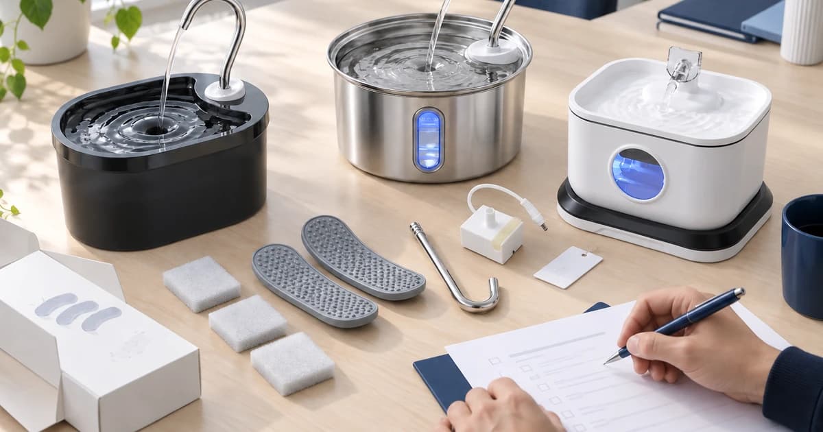 Cat water fountain samples, components and specifications prepared for manufacturer evaluation