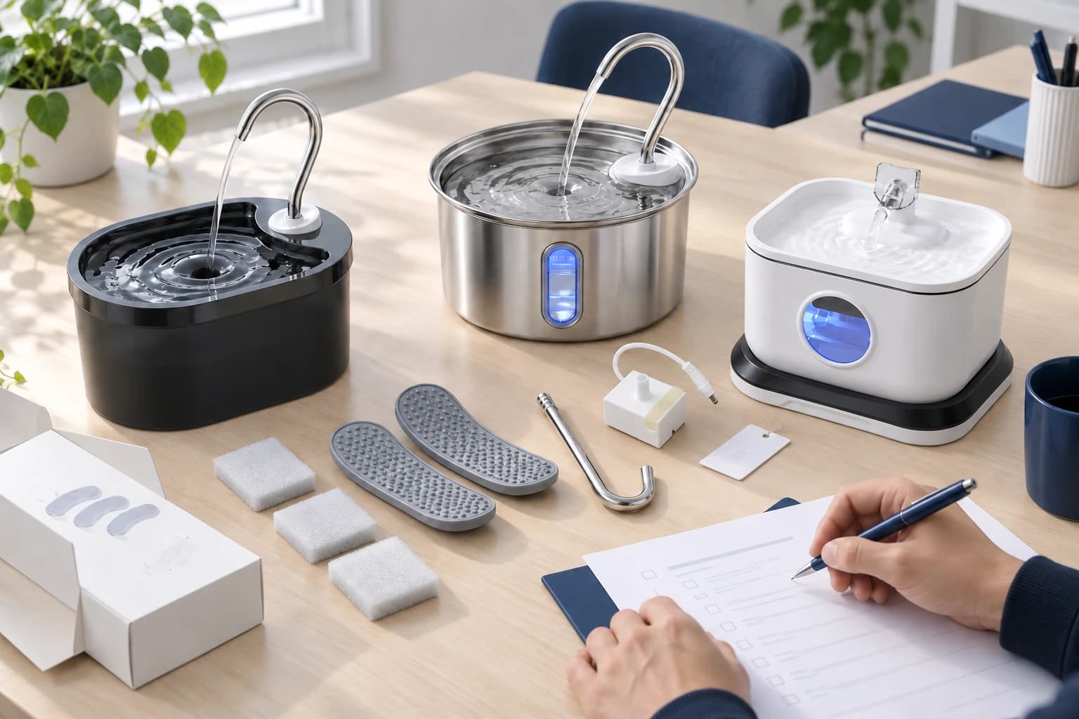 Fontaines pour chats, composants et documents réunis sur une table pour examiner des échantillons