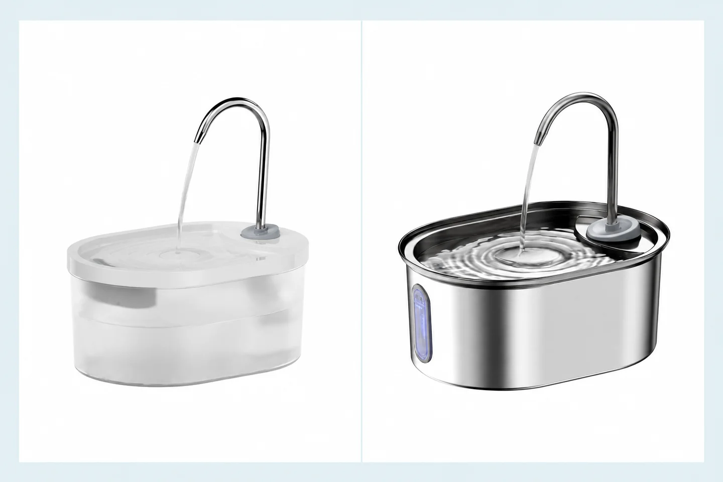 Comparaison de deux fontaines Fountelio, l’une à cuve plastique et l’autre à cuve en inox