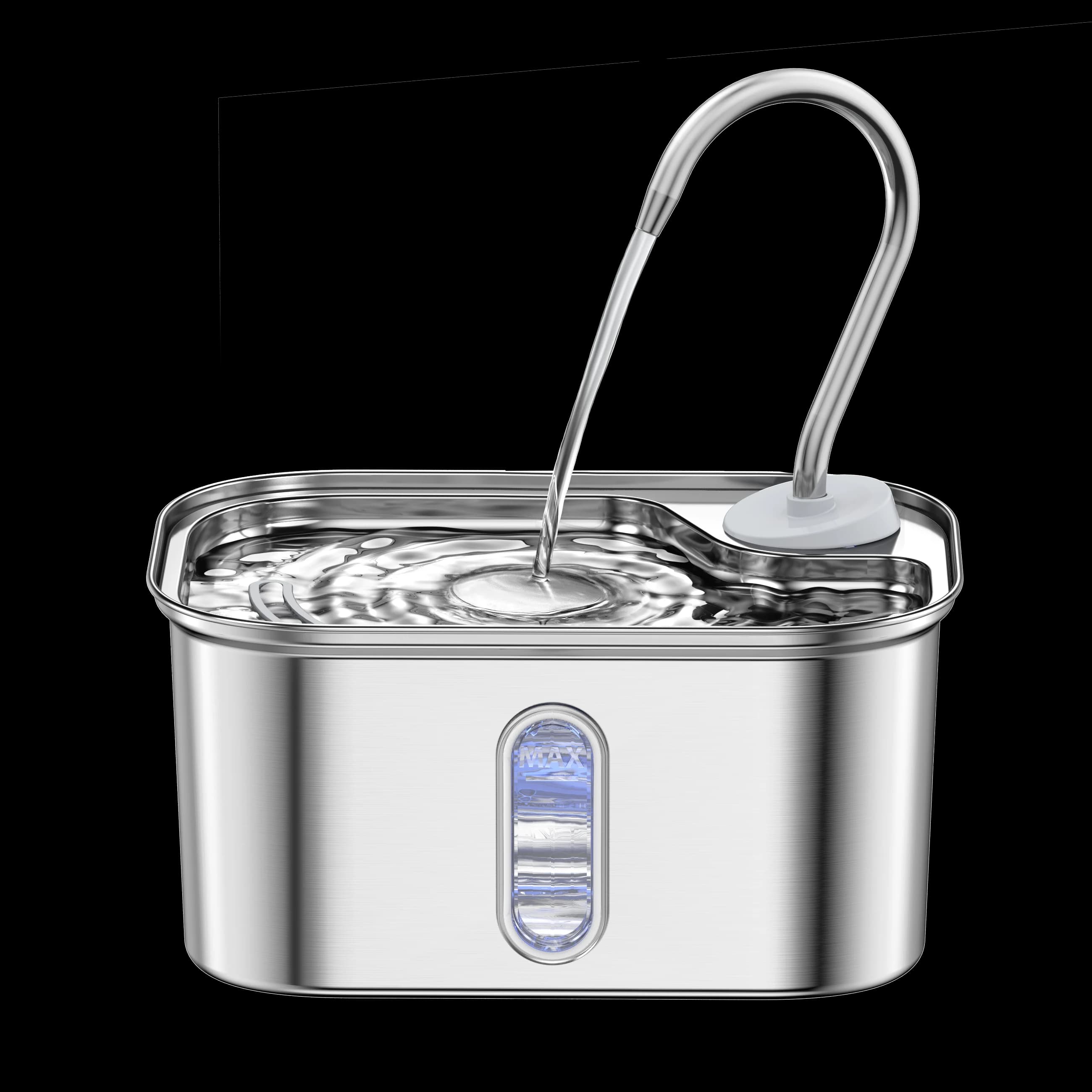 Front detail of a rectangular stainless steel fountain showing the separate PC window and MAX marking