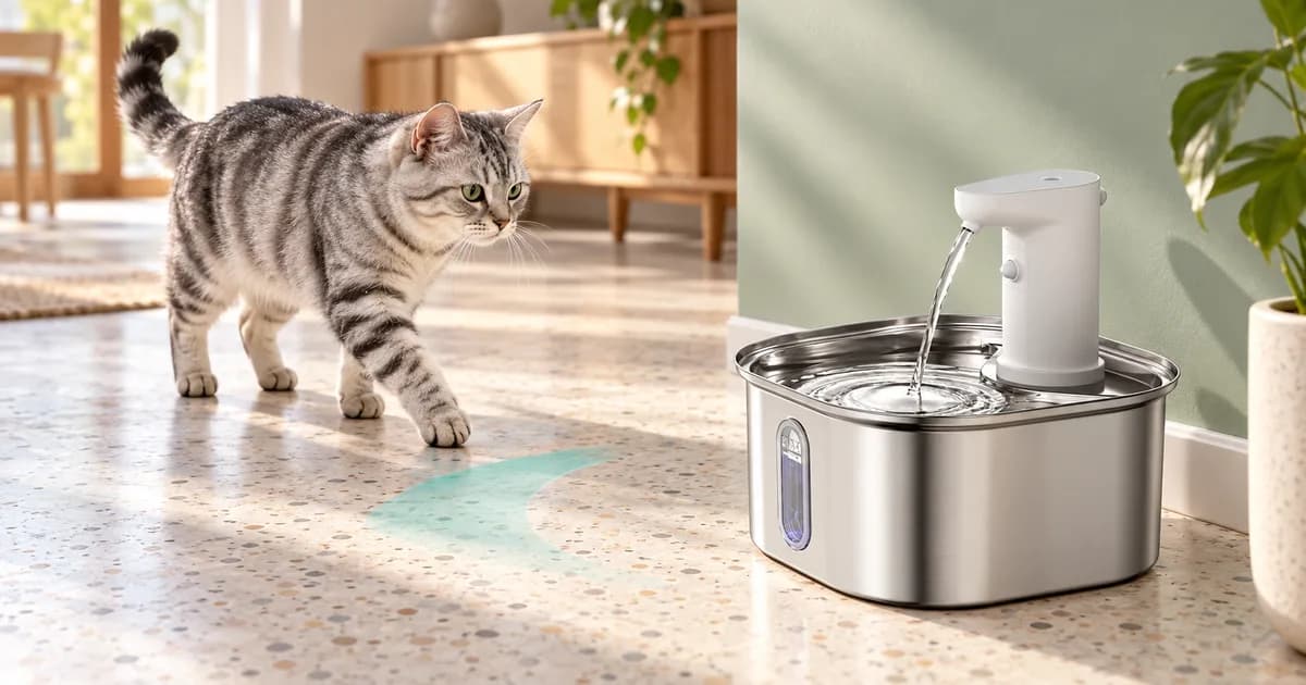 Illustrated silver tabby approaching a square stainless steel Fountelio fountain with a white sensor module