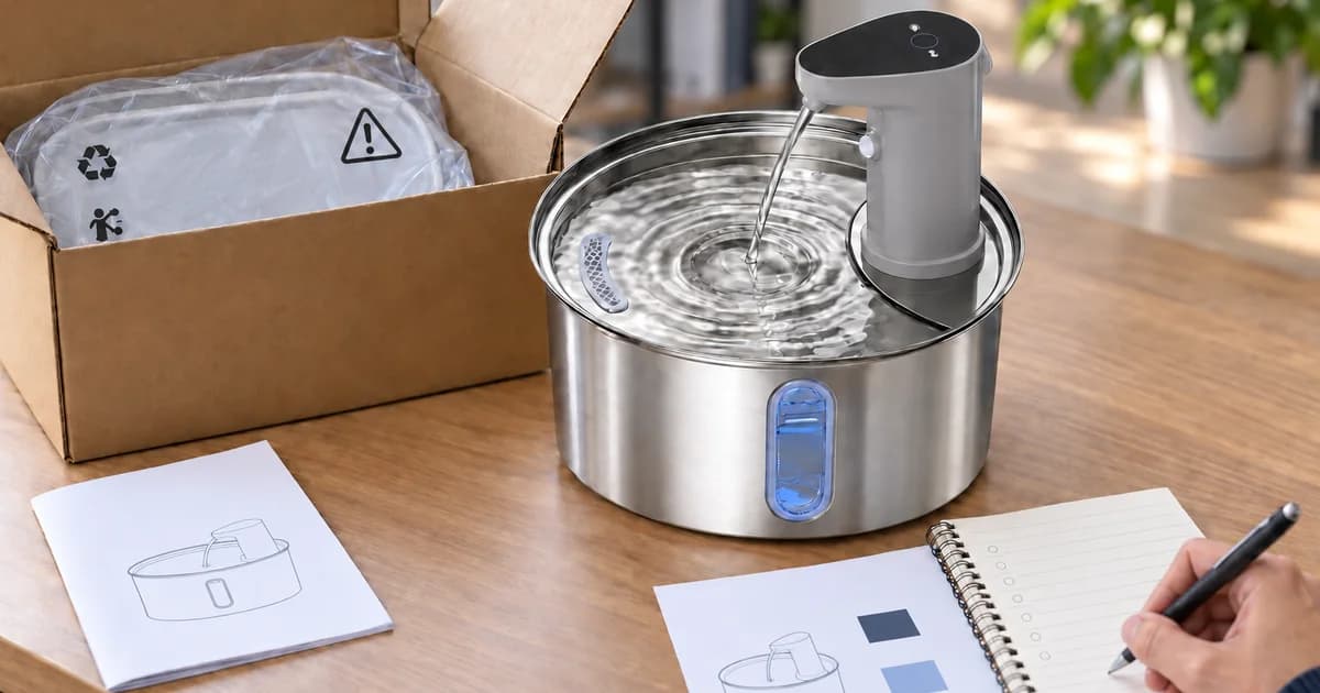 Private-label cat water fountain sample with branding artwork, packaging and accessories
