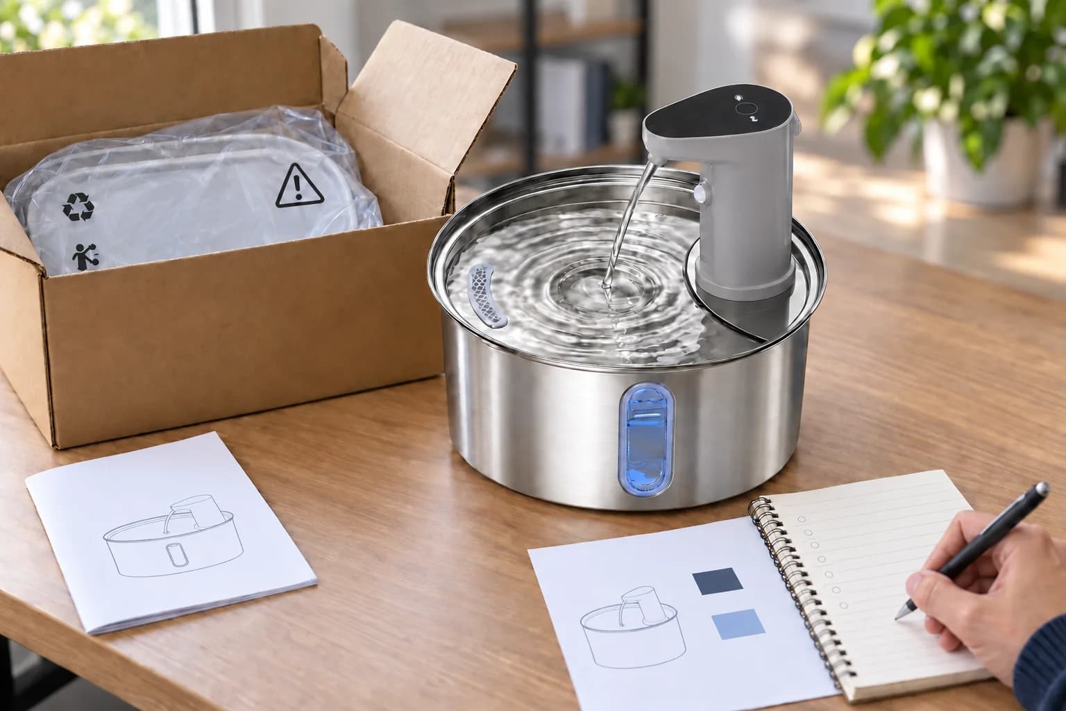 Private-label cat water fountain sample with branding artwork, retail packaging and accessories