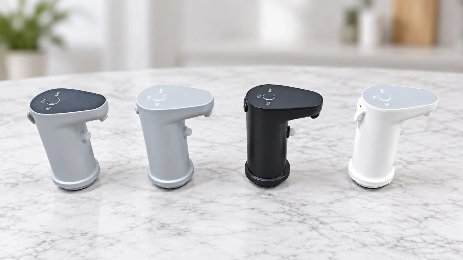 Four confirmed cordless stainless steel fountain faucet colorways in gray and black, gray and gray, black and black, and white and gray