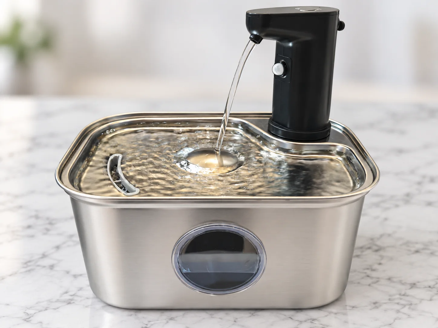 Rectangular cordless stainless steel cat water fountain with an enlarged circular front water-level viewing window