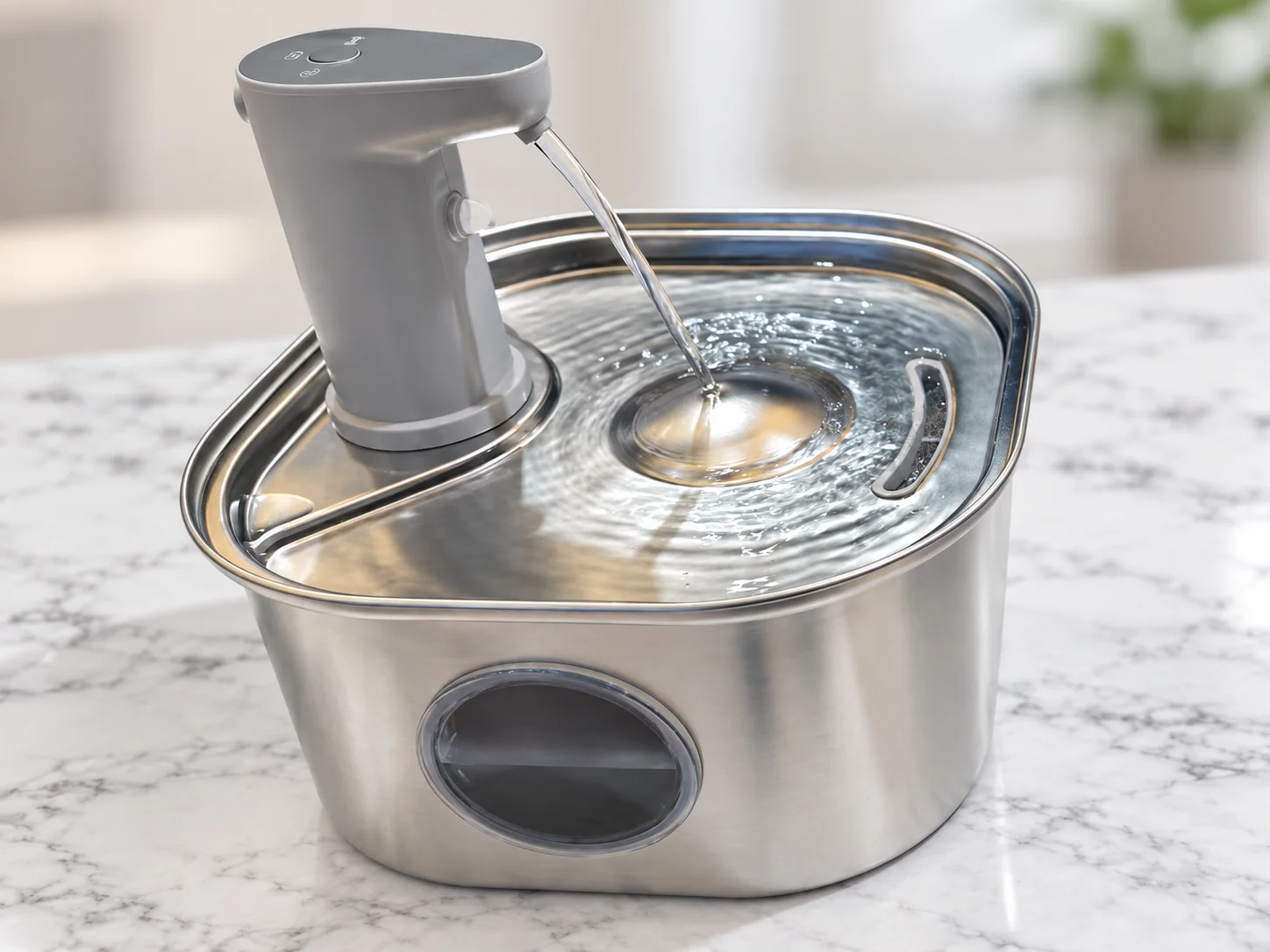 Square cordless stainless steel cat water fountain with an enlarged circular front water-level viewing window