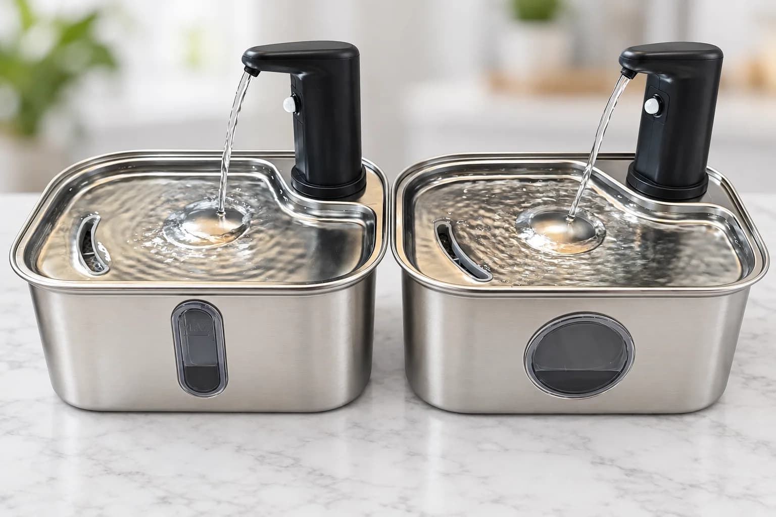 Two cordless stainless steel cat water fountains comparing standard and enlarged front viewing windows with the same faucet design